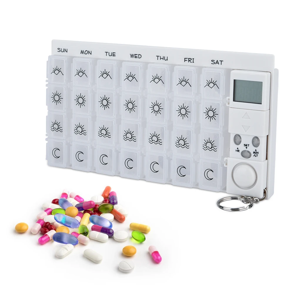 

Detachable Medicine Box 7 Day Weekly 28 Grids Pill Cases Electric Timer Alarm Clock Reminder Pill Organizer Splitter