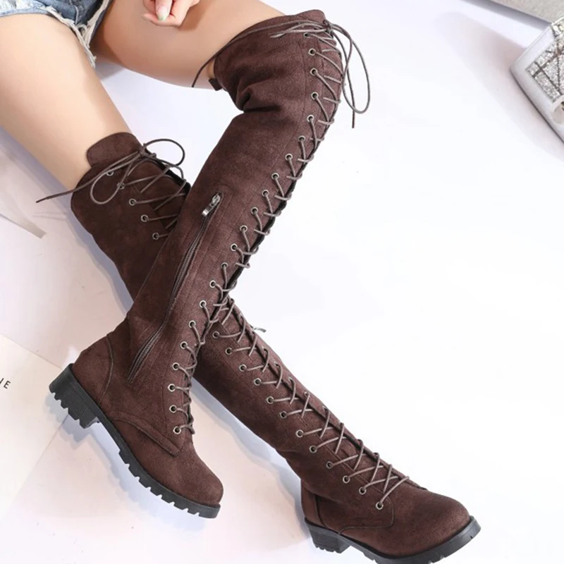 COOTELILI Thigh High Boots Lace-Up Women Shoes Over The Knee Boots Flat Long Boots Ladies Rubber Boots Women Shoes 35-43