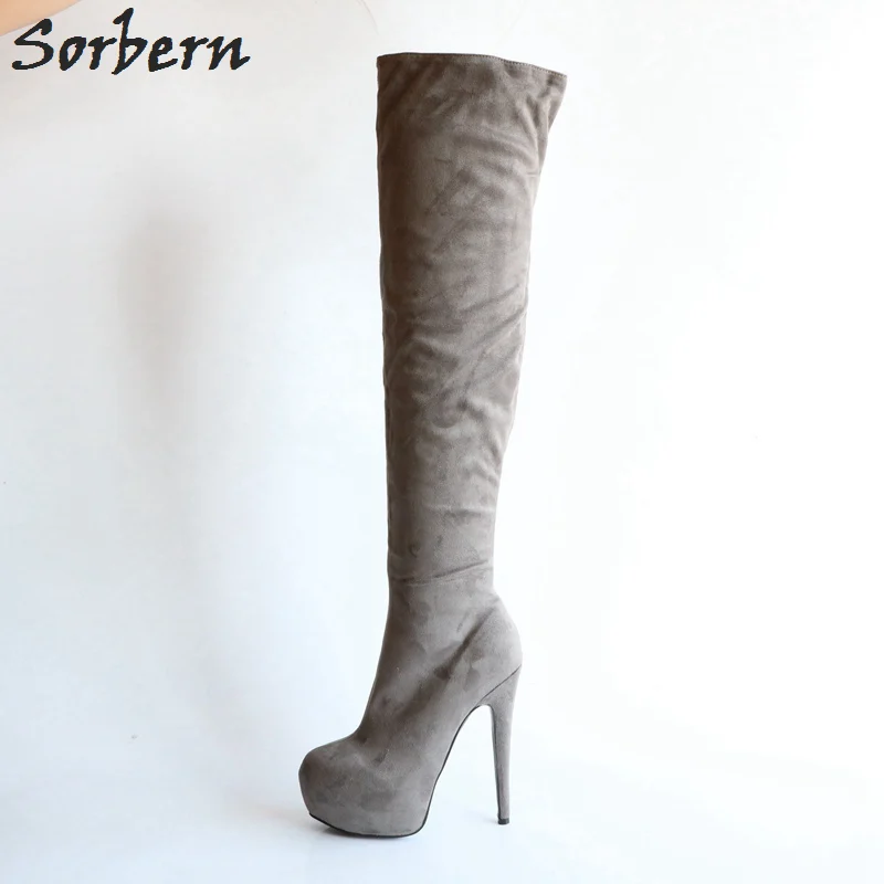 Sorbern Fashion Knee High Boots Grey Women High Heel Winter Shoes Women Eu Size 34 To 46 Custom Wide Calf Fit Heeled Boots New image 2