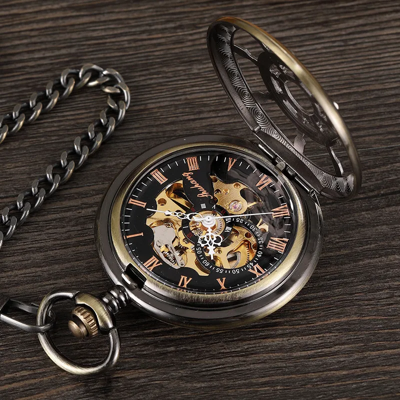 Vintage Roman Number Rudder Design Mechanical Pocket Watch Men Unique Double Sided Steampunk Bronze Pocket Watch With Chain Gift