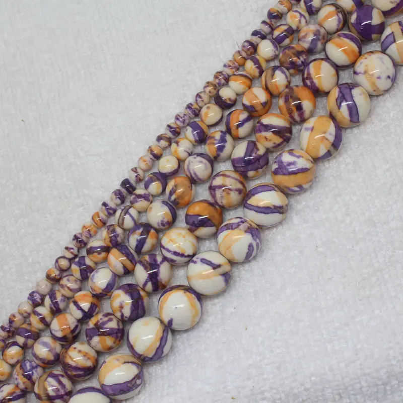 Mini. Order is $7! 4-12mm Purple Orange Stripe Snow jades stones Jaspers Round DIY Jewelry Making Loose Beads 15