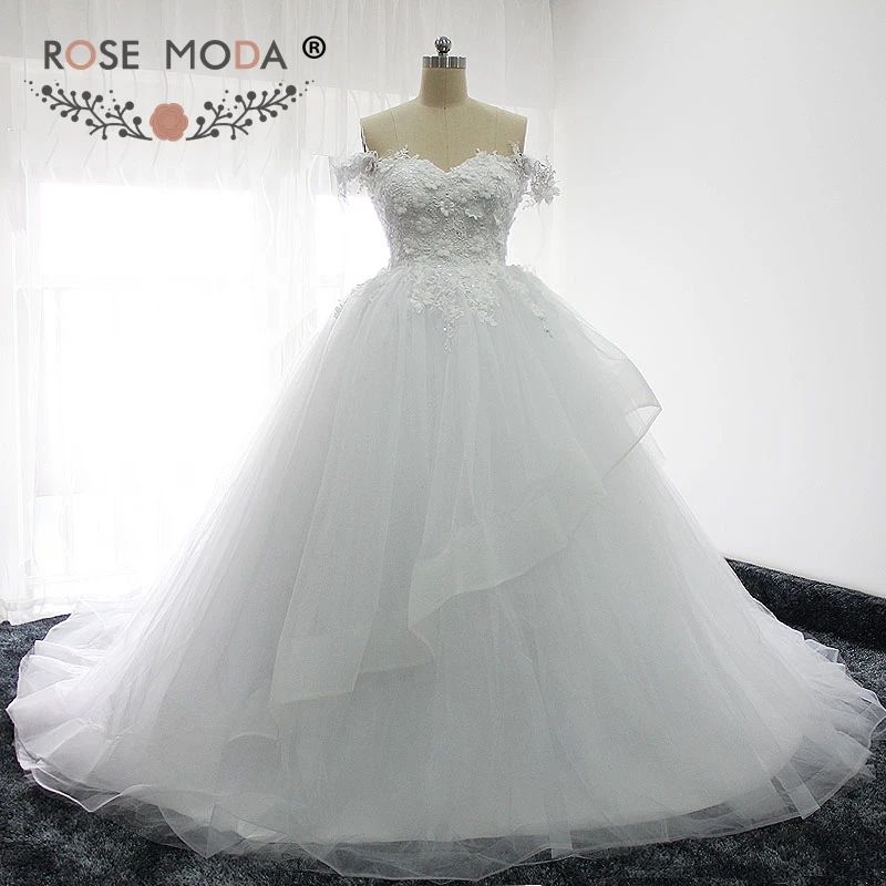 Rose Moda Off Shoulder Princess Puffy Wedding Dress 3D Flowers Lace Ball Gown Real Photos