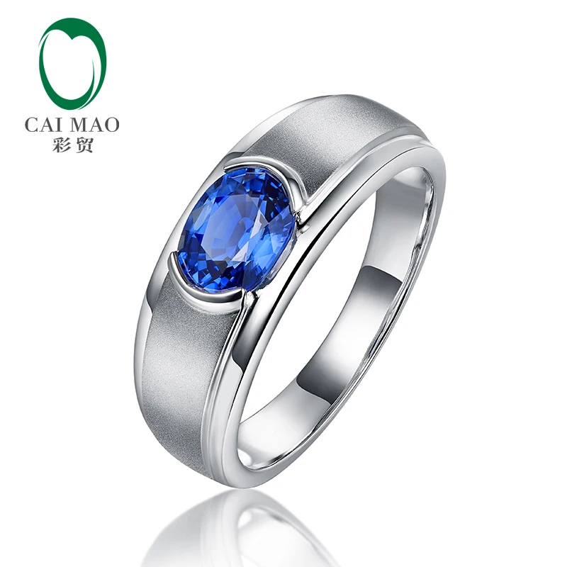 CAIMAO 14kt White Gold Natural Blue Sapphire Satin Finish Engagement Wedding Ring for Unisex Fine Jewelry