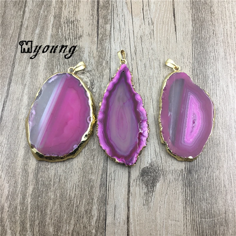 

Large Freeform Pink Banded Agates Druzy Slice Pendant,Stripped Agates charm With Gold Edges and Bail For Necklace Jewelry MY1499