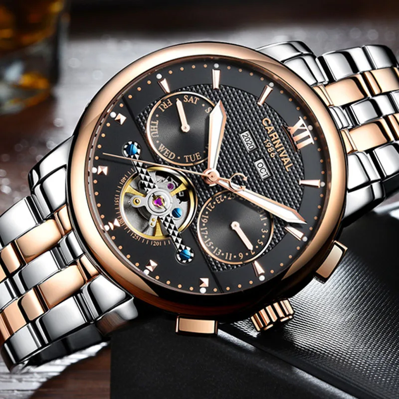 Switzerland CARNIVAL  Luxury Brand Mechanical Men\'s Watches Waterproof  Multi-funciton Skeleton Sapphire Luminous Clock C8722G