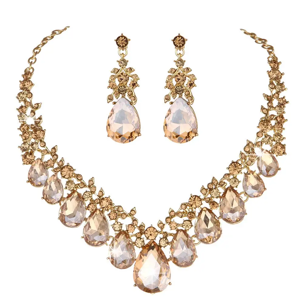 Crystal Rhinestone Women Jewelry Sets Bridal Wedding And Party Dress Necklace Sets Waterdrop Shape Necklace Earrings Summer