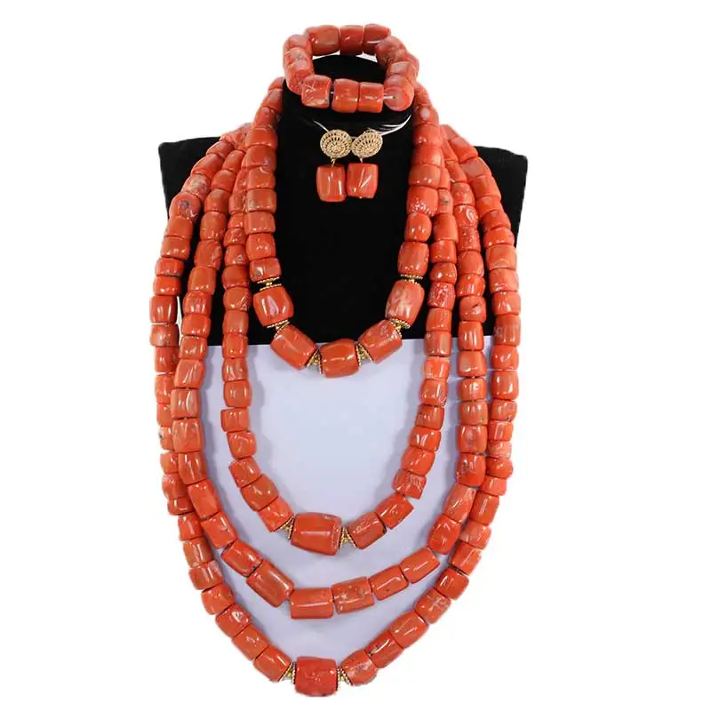 Luxury 4 Layers Real Nigerian Coral Beads Jewelry Set Big Coral Bead Heavy Bold Statement Bridal Necklace Set New ABH904