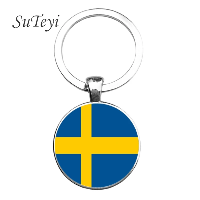 Portugal Sweden Flag Keychain Round Glass Dome Cabochon Pendant Key Chain Bag Car Keyring For Men Women