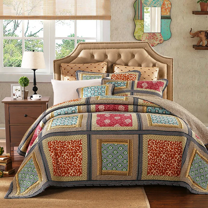 100% Cotton Reversible Coverlet Handmade Patchwork Chic Bedspread Bed cover 2 Pillow shams 3pcs King Queen Size Blanket