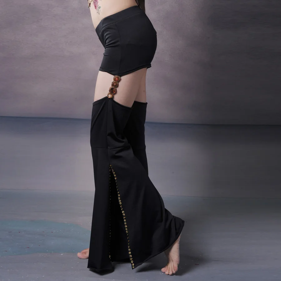 Sexy New Tribal Belly Dance Pants Black Practice Pants Elastic Waist with Hole Inseparable High Waisted Flare Pants Women