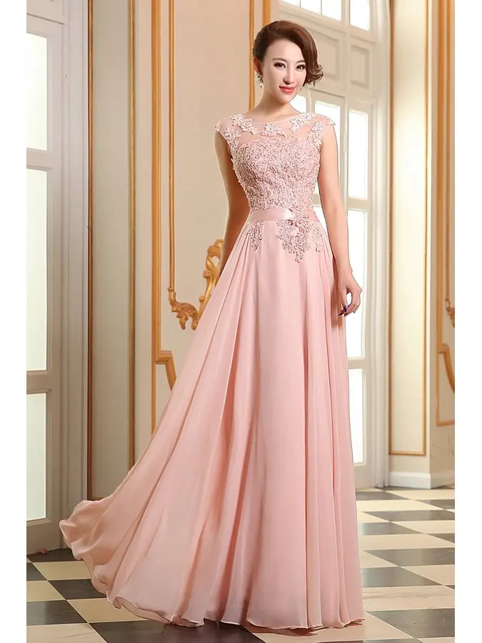 Ensotek 2019 novo scoop apliques rendas até o chão chiffon baile de formatura vestido de noite rosa formal vestidos de festa barato