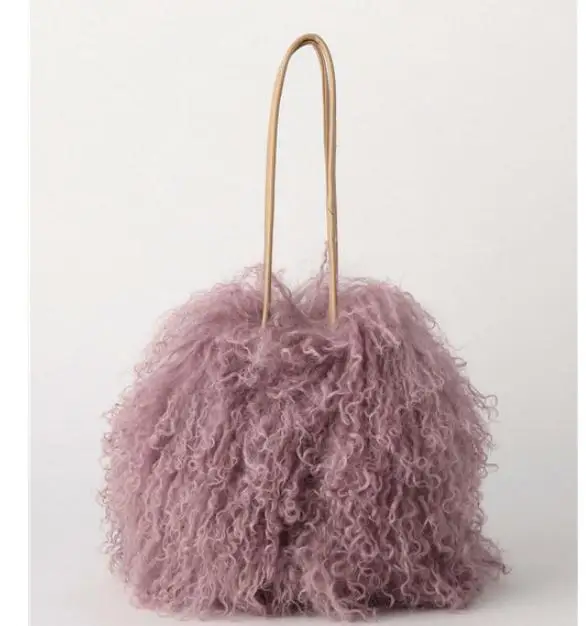 New Winter Bucket Real Fur Shoulder Bags Japan Beach Wool Cylinder Handbag Wool Plush Women Bag Crossbody Handbag purse