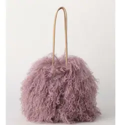 New Winter Bucket Real Fur Shoulder Bags Japan Beach Wool Cylinder Handbag Wool Plush Women Bag Crossbody Handbag purse