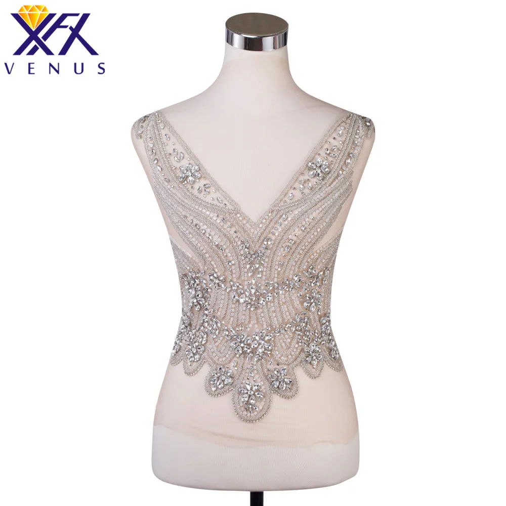 

XFX VENUS (5 pcs)Handmade Elegant Deep V Rhinestone Beads Applique Beaded Crystal Starss Patches Bodice Mesh Wedding Dress Trim