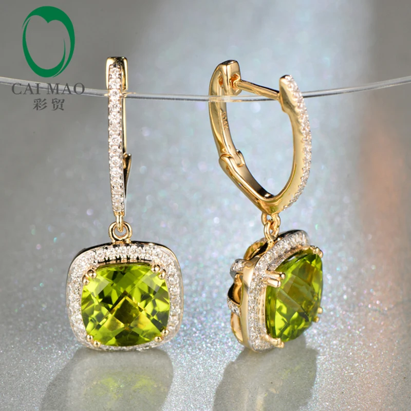 Caimao 14K Yellow Gold Natural Flawless 4.30ct Cushion Cut Peridot Diamond Engagement Drop Earring