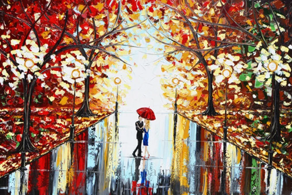 Handmade Modern Art Abstract Painting Couple Red Umbrella Dancing Rain City Park Large Streetscape Knife Oil Painting on Canvas