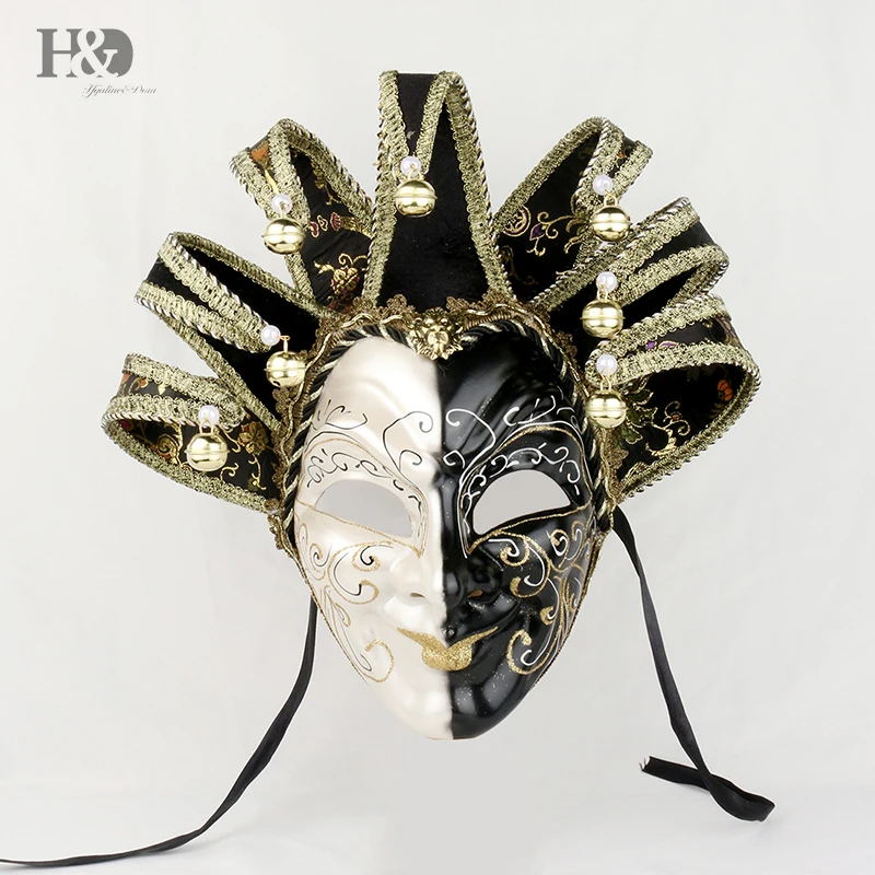 H&D New Orleans Mardi Gras Black White Bell Mask Jester Costume Parades Carnival Ball (Black)