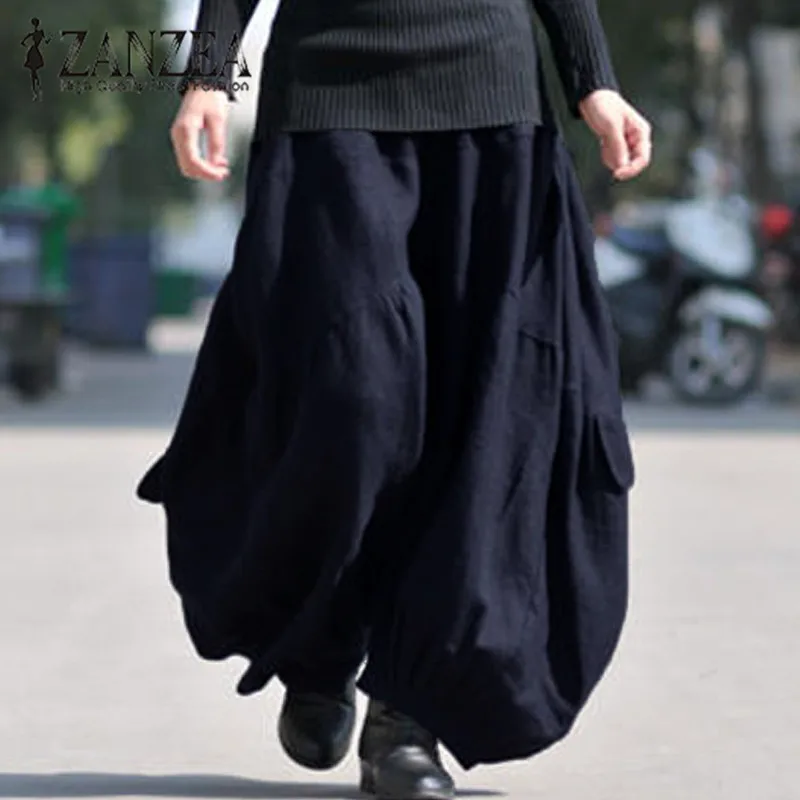 2023 ZANZEA Women High Elastic Waist Lantern Pantalon Loose Baggy Cargo Pants Solid Cotton Linen Long Wide Leg Trousers Oversize