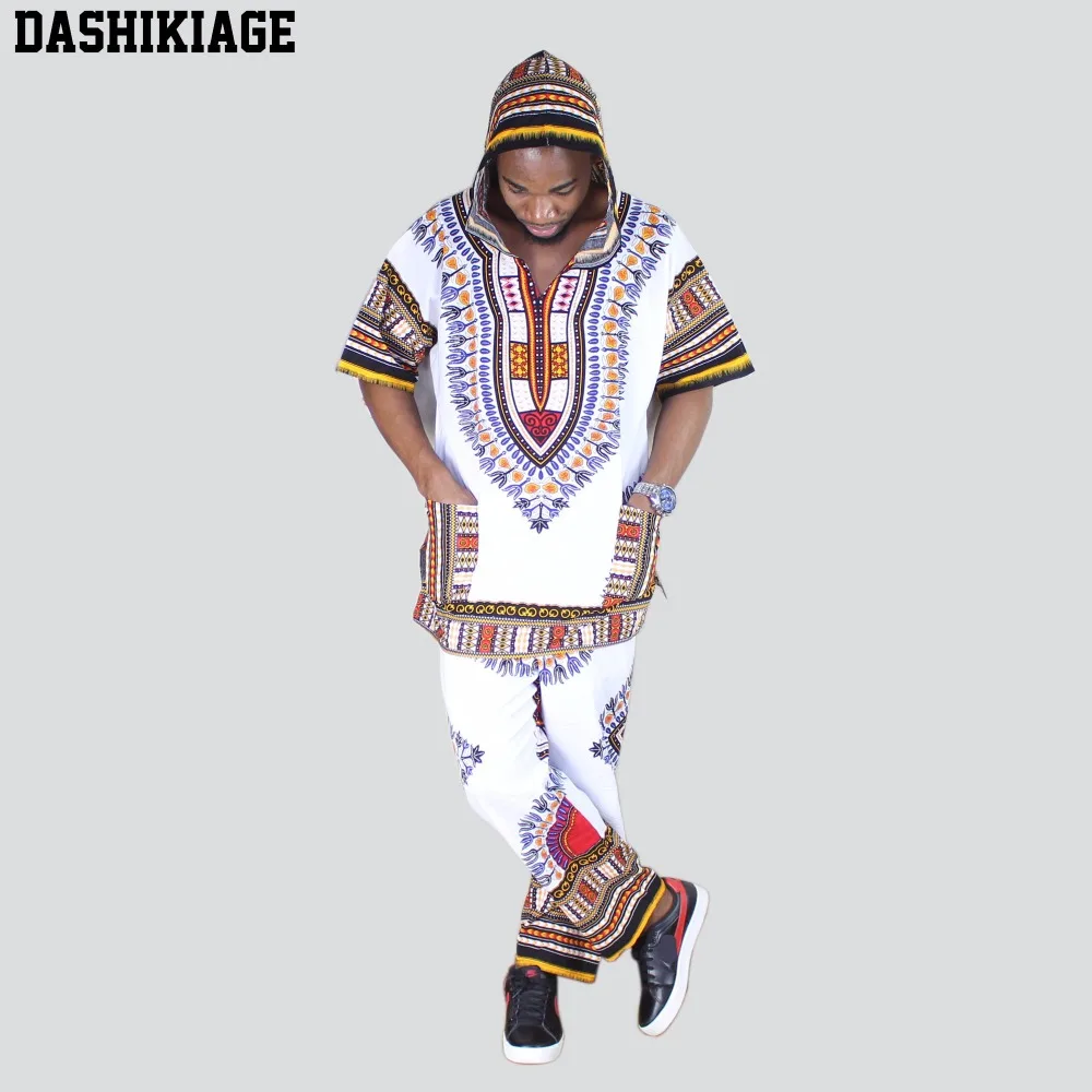 Unisex White Dashiki Set Top Hippie Blouse Hoodies and Pants Set with Pockets