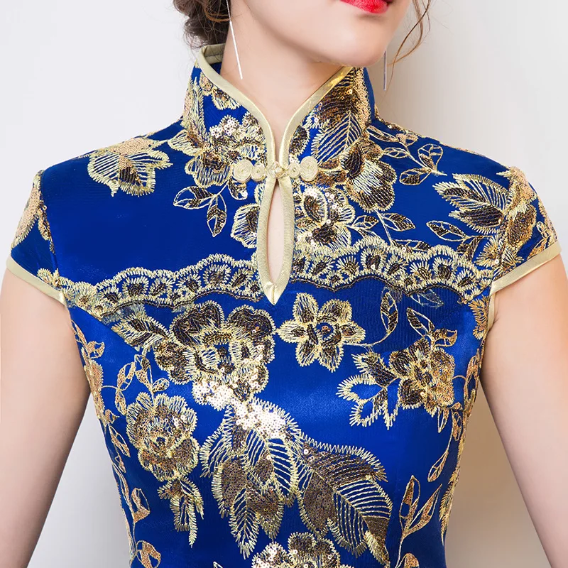 Blauwe bruiloft cheongsam oosterse avondjurk Chinese traditionele dames elegante qipao sexy kant lang gewaad retro vestido