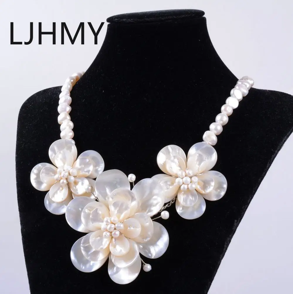 

LJHMY new Mother of pearl mop shell pearl 3pcs flower necklace 20"Women Wedding Party Necklace Gift