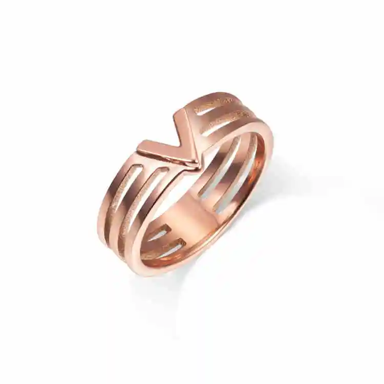 YUN RUO Modern Fashion Rose Gold Color V Shape Ring Lady\'s Christmas Gift for Woman Fashion Titanium Steel Jewelry Never Fade