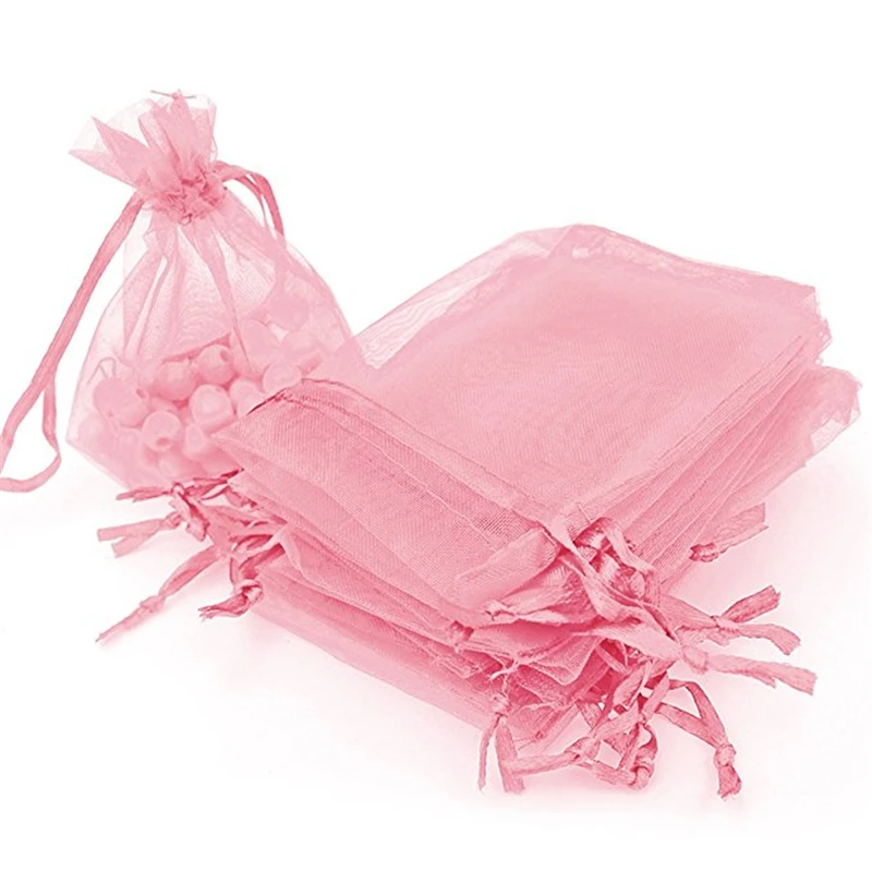 50pcs 7x9 9x12 10x15 13x18CM Pink Organza Bags Jewelry Packaging Bags Wedding Party Decoration Drawable Bags Gift Pouches 55