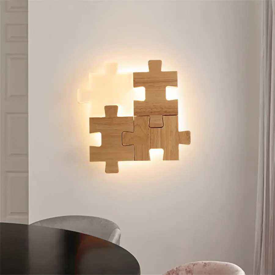 nordic Minimalism Puzzle shape wooden wall lamp creative children bedroom lamp living room decoration Acrylic wall sconces light