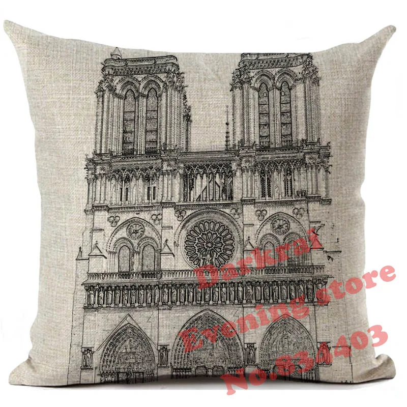 Notre Dame de Paris Cushion Cover Vintage Building Painting Linen Throw Pillow Car Sofa Pillow Cover Home Decorative Pillow Case