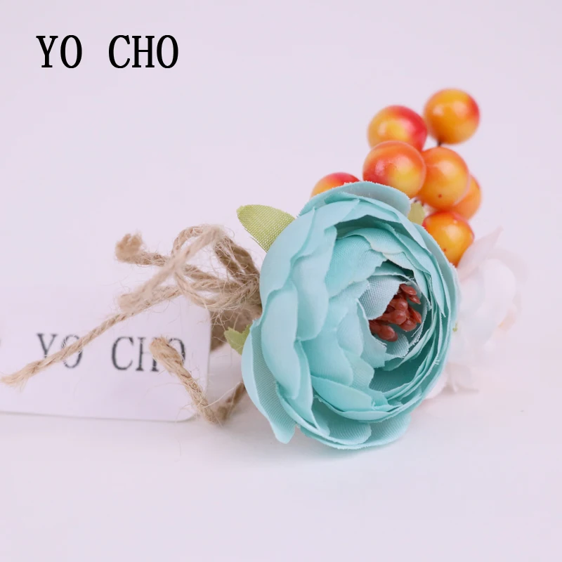 YO CHO Noble DIY Blue Tea Rose Wrist Corsages With Cherry Wristband For Wedding Prom Dance Homecoming Artificial Corsages Flower