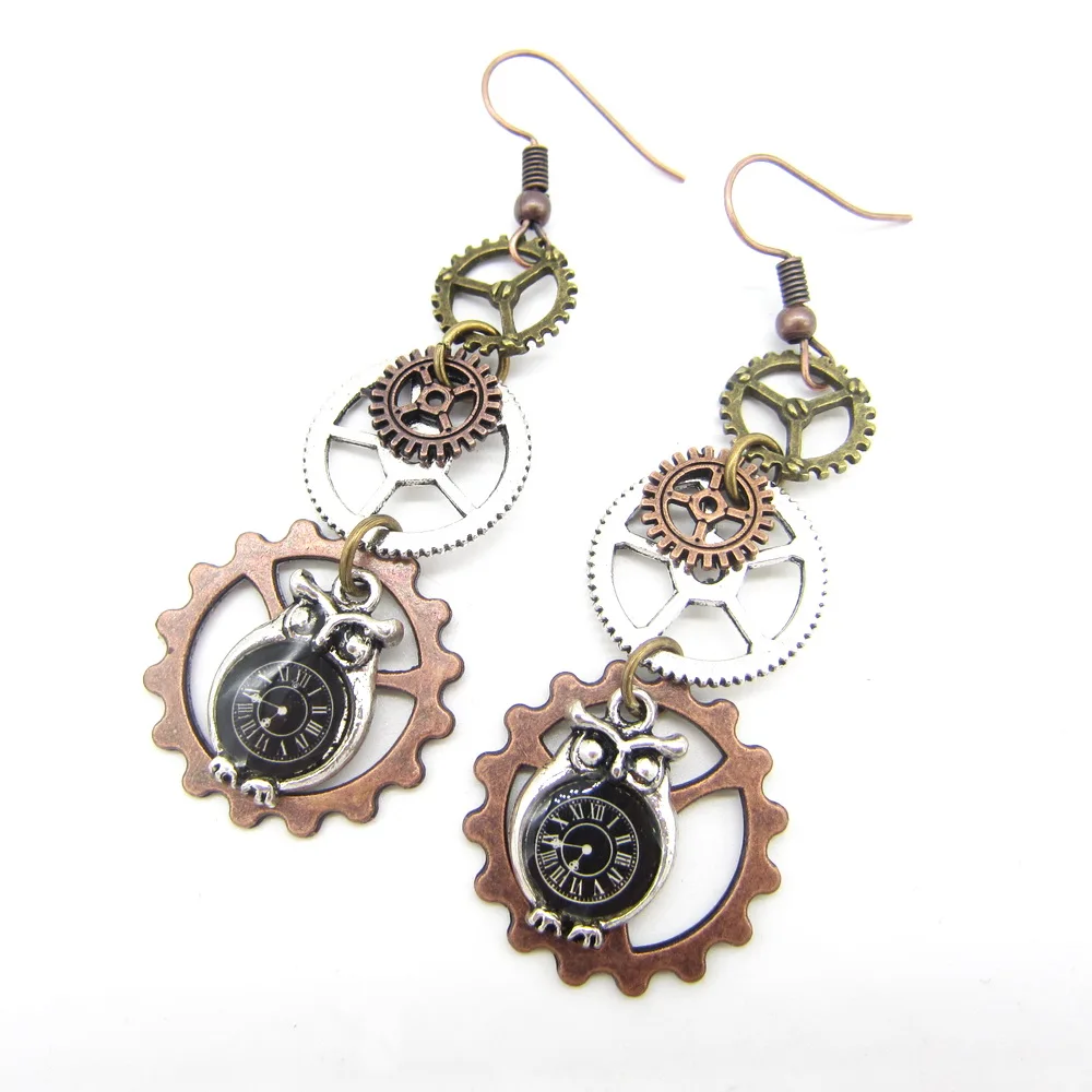 Cykopv New Original Design Owl Clock Drop and Multi Gears Vintage Steampunk Earring Female`s Accessory