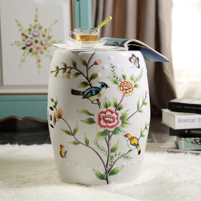 New Chinese Living Room Ceramic Drum stool flower and bird bathroom porcelain ceramic stool
