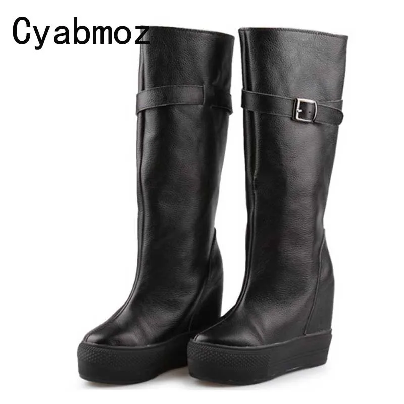 Women Black White Genuine Leather Wedges Boots High Platform Knee High Winter Autumn Shoes Buckle Height Increasing 12cm Long