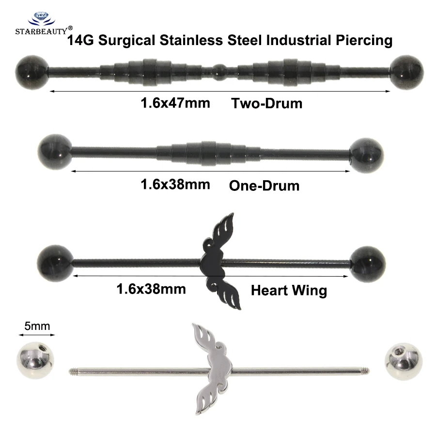 1pc 14G 38/42mm Black Drum Heart Wing Long Barbell Industrial Piercing Helix Earring Ear Piercing Stainless Steel Body Jewelry