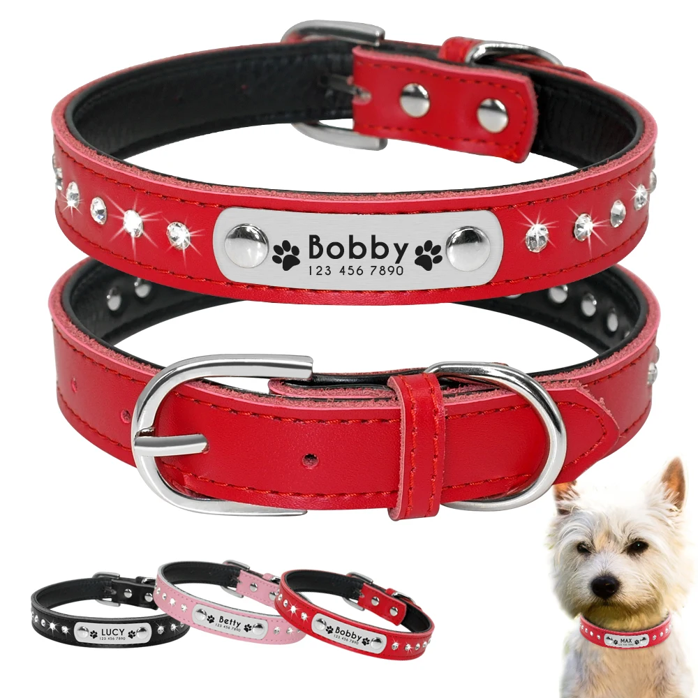 Customized Rhinestore Dog Collars Padded Personalized Dogs ID Collars For Small Medium Dogs Cats Puppy Kitten Pink Red Black