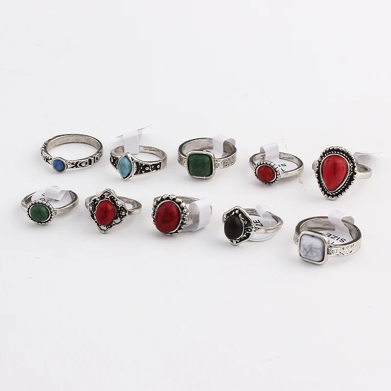 Mixed Bohemia Style Natural Blue Red Stone Rings Tibetan Silver Tone Size 16 17 18 Finger Rings Jewelry For Woman 10pcs