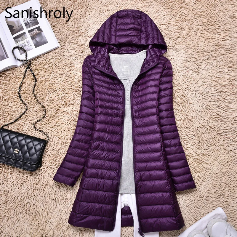 

Sanishroly S-6XL 2022 Winter Women Midi Long Hooded Jacket Ultra Light White Duck Down Coat Parka Ladies Warm Puffer Outerwears