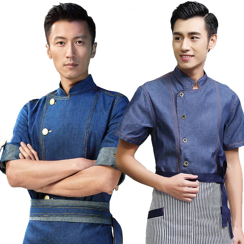 Hotel Restaurant Küche Uniform Kurzarm Farbecht und Schrumpfen Beständig Denim Chef Uniform Koch Koch Jacke B-6006