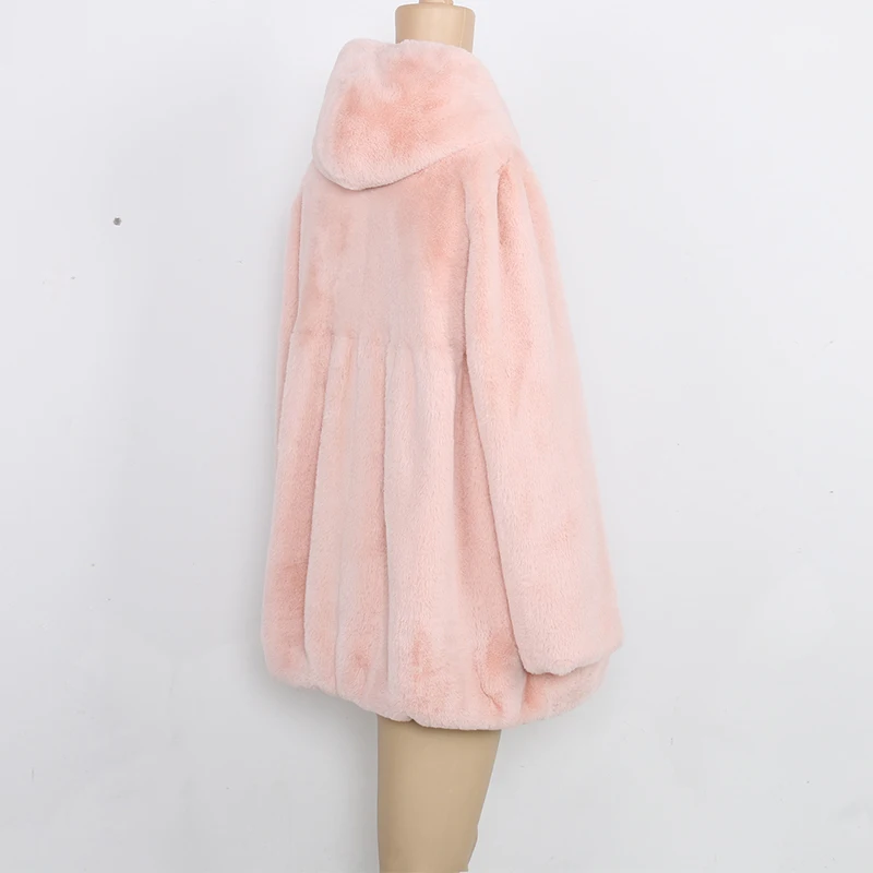 Nerazzurri Autumn Pleated Soft Furry Faux Fur Coat Women with Hood High waist Black Red Pink Light Soft Fluffy Jacket 2021