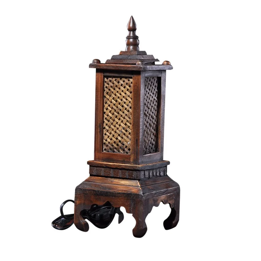 Thai Style Art Wooden Tower Modeling Table Lamp Bamboo Lampshade Wood Carving Traditional Decor Bedroom Living Room Table Light