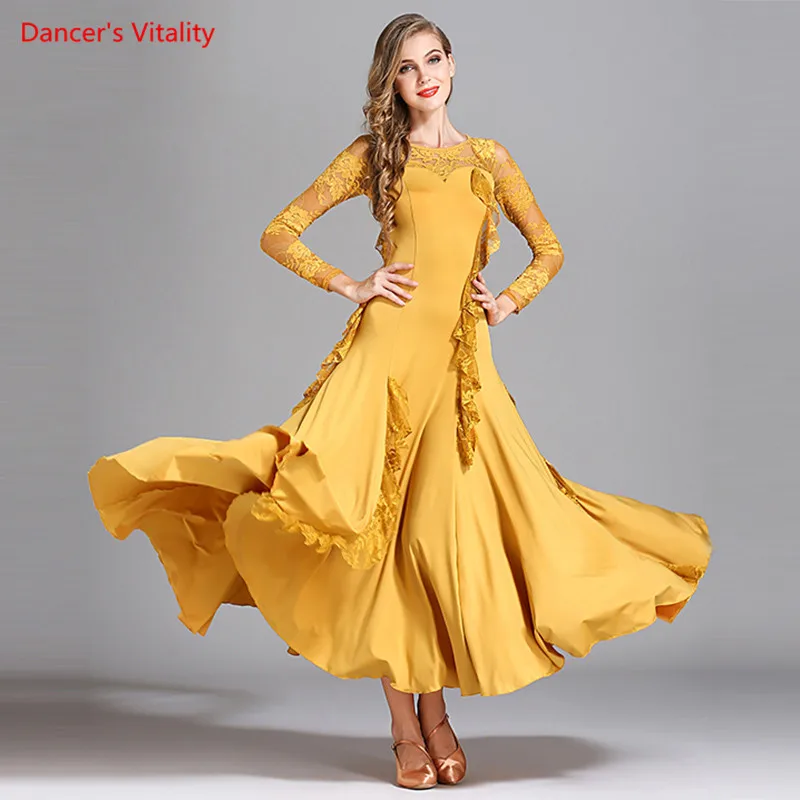 Ballroom Dance Kleid Erwachsene Weibliche Spitze Langen Ärmeln Rüschen Große Schaukel Kleider Für Frauen Walzer Tango Dance Praxis Kostüme