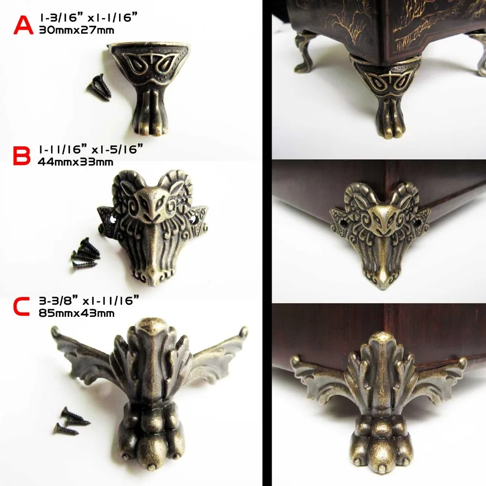 4pcs Antique Brass Vintage Bronze Jewelry Chest Box Wooden Case Decorative Feet Leg Metal Corner Protector With Screws