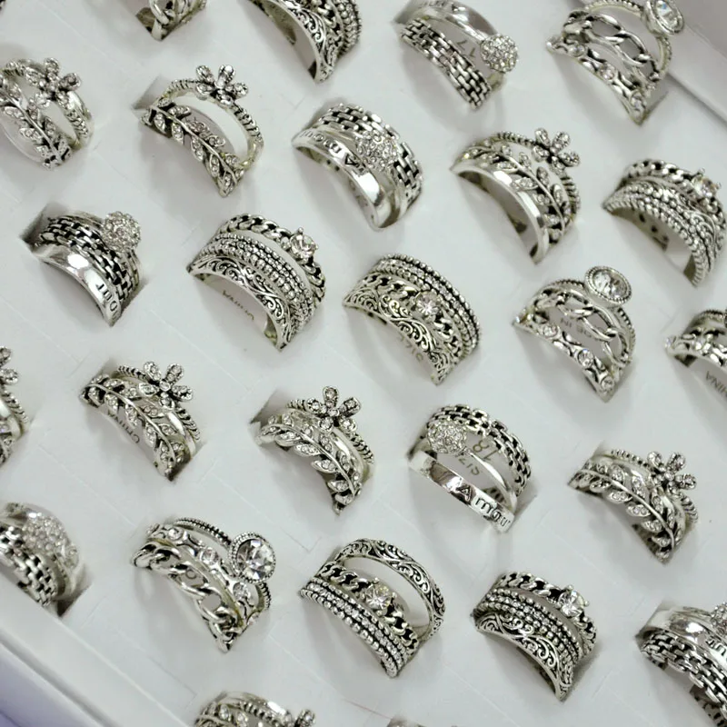 150Pcs 50Sets Hotsale 3 in 1 Zircon Ancient Silver Rings Set Girl Women Wholesale Jewelry Bulks Lot Free Shipping LR4044