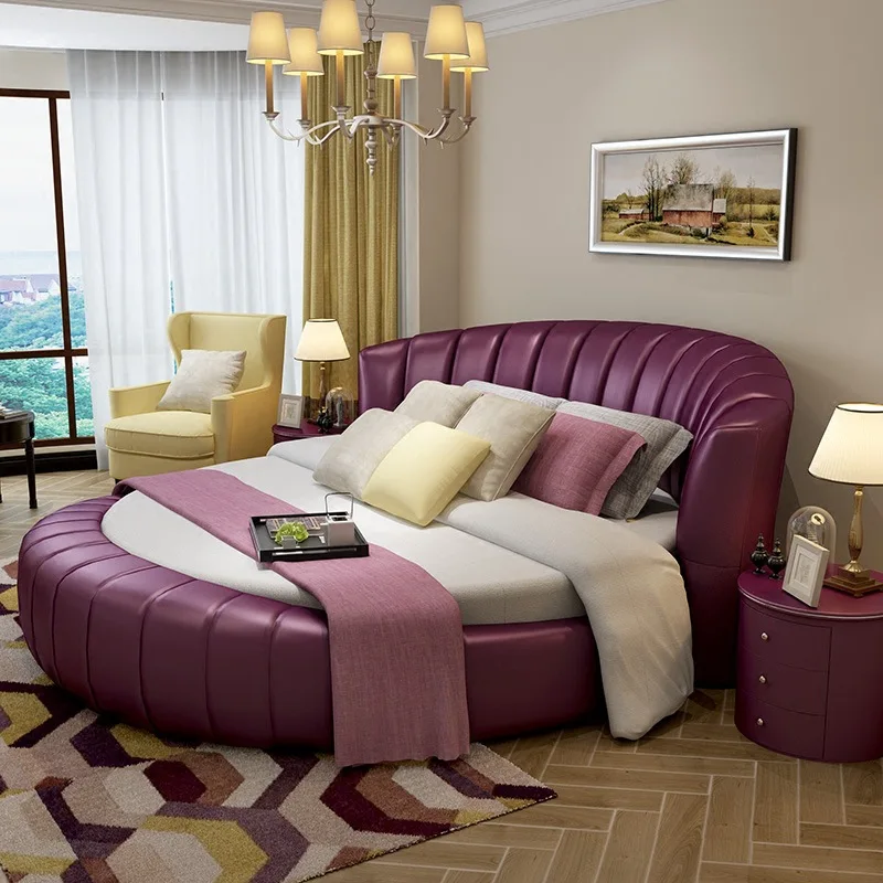 200cmX200cm modern genuine leather bed white pink purple color bedroom furniture