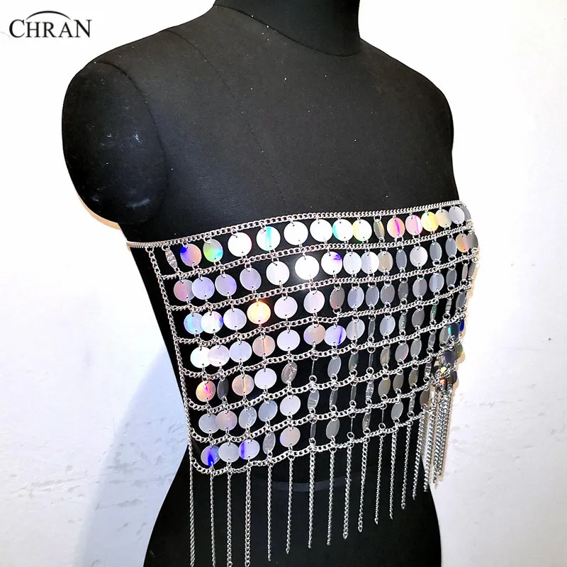 Chran Holographic Sequin Bead Crop Top Chain Crystal Choker Necklace Halter Bra Bralette Bikini Wear Party Festival Body Jewelry