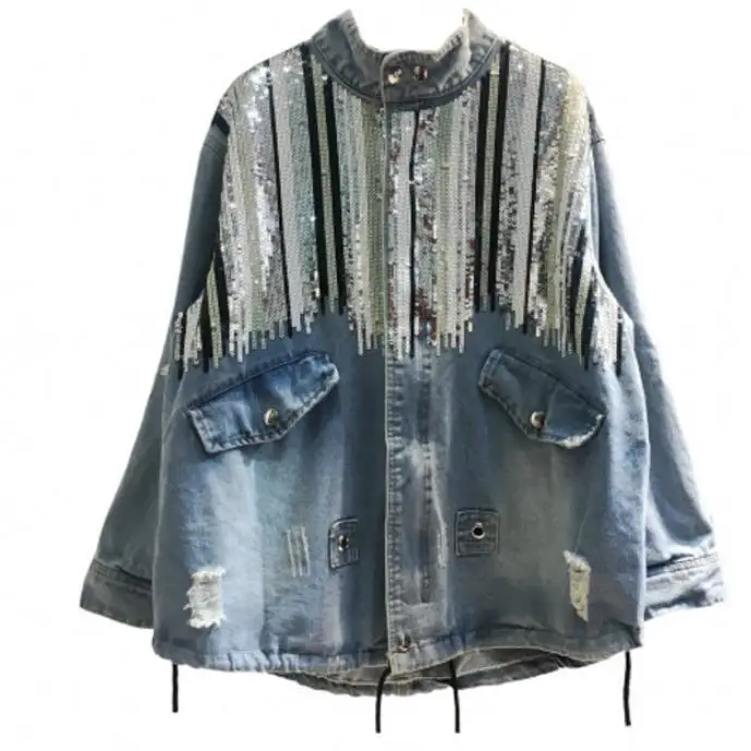 

Medium long loose sequins denim jacket women sequins tassel hole washed stand collar jeans coat