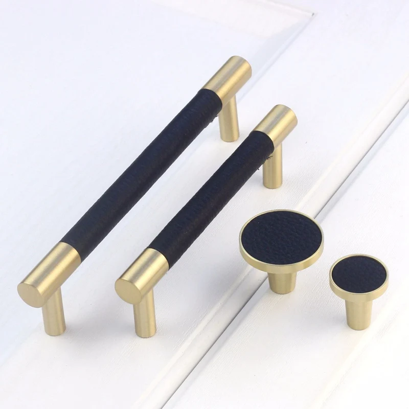 Modern Cupboard Handles and Knobs Brass Cabinet Drawer Pulls Kitchen Black Leather Door Knobs Handles-1Pack