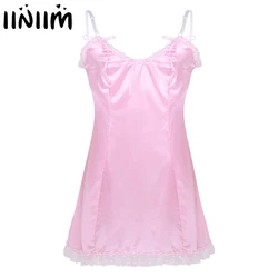 Men Adults Novelty Exotic Dresses Sexy Male Nightwear Satin Straps Low Back Sissy Baby Fancy Costume Clubwear Vintage Slip Dress