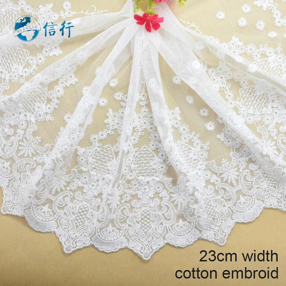 23cm Big Width Cotton Embroidery White Lace Ribbon Badges Trims Fabric Warp Knitting DIY Dress Garment sewing accessories#3603