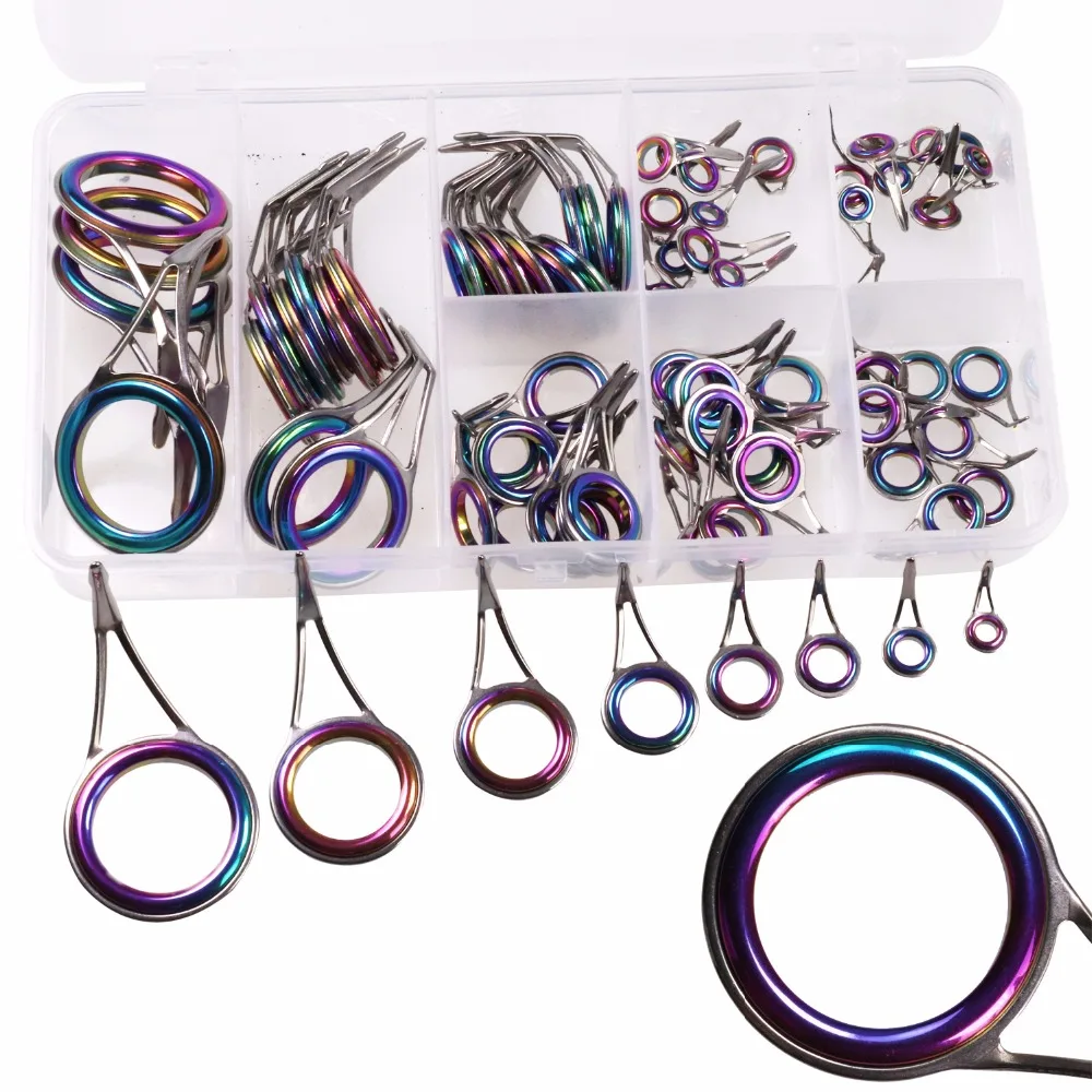 THKFISH 75 piezas Kit de anillos guías para caña de pescar # 6- # Juego de reparación de guía de cañas de pescar de una sola pierna con anillo de cerámica giratorio láser arcoíris 30